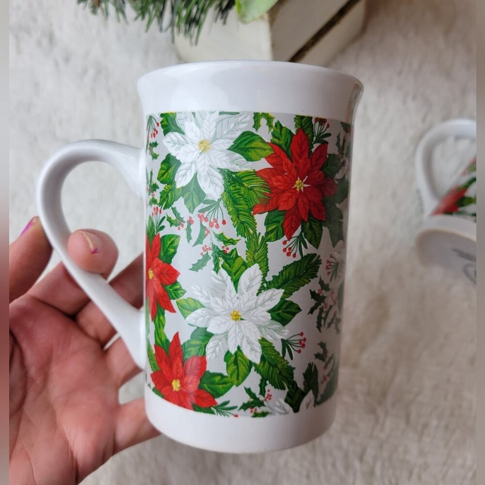 ROYAL NORFOLK Set Of 2 Ceramic Poinsettia Christmas Holiday Mugs - Picture 2 of 10